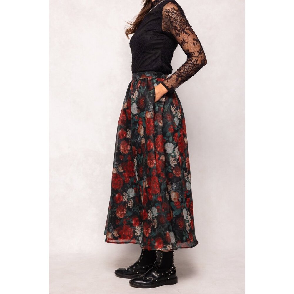 Vanessa Skirt In Midnight Roses XS Elastic Waistband Zipper Closure Floral Print